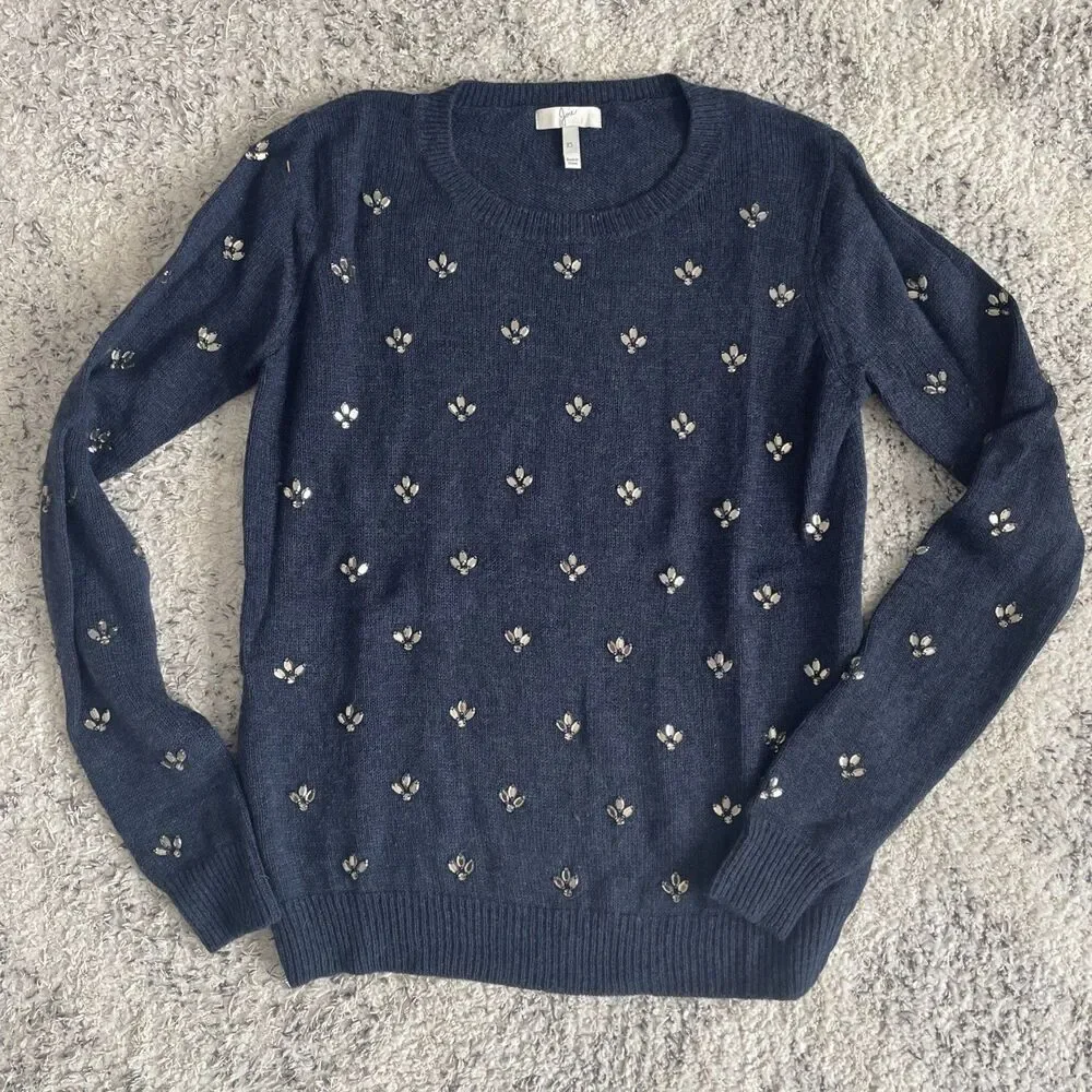 Joie Embellished Navy Blue Wool Cashmere Blend Sweater Size XS Holiday Sparkle